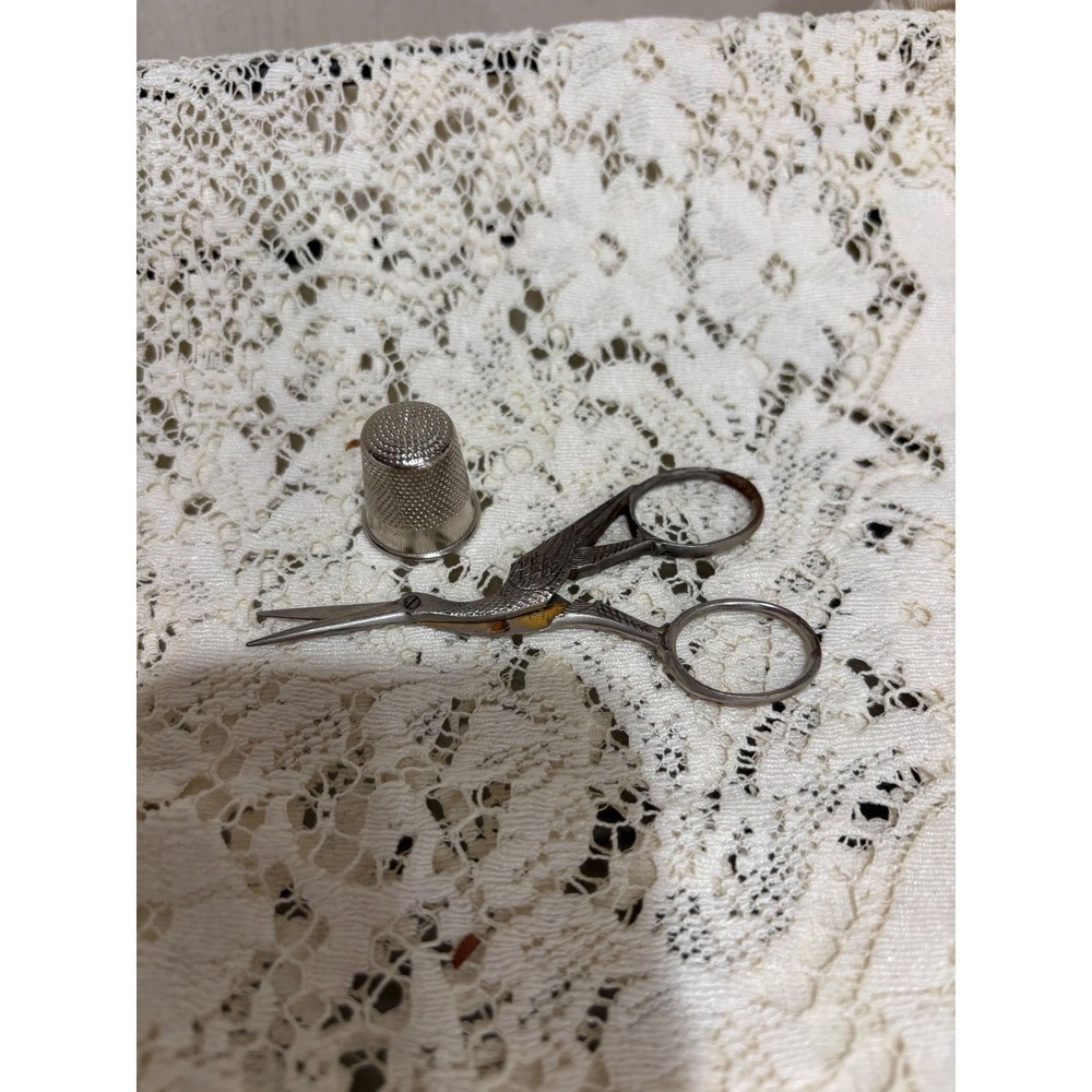 Vintage Silver Tone Stork Crane Embroidery Scissors and Metal Thimble Set